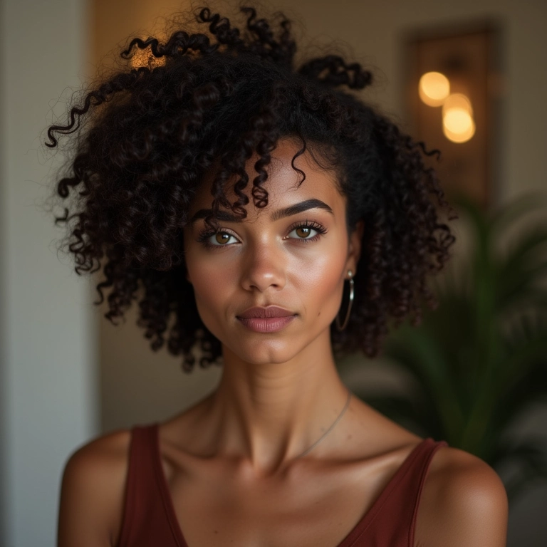 Mulher sofisticada com chanel cacheado em ambiente interno com design brasileiro.