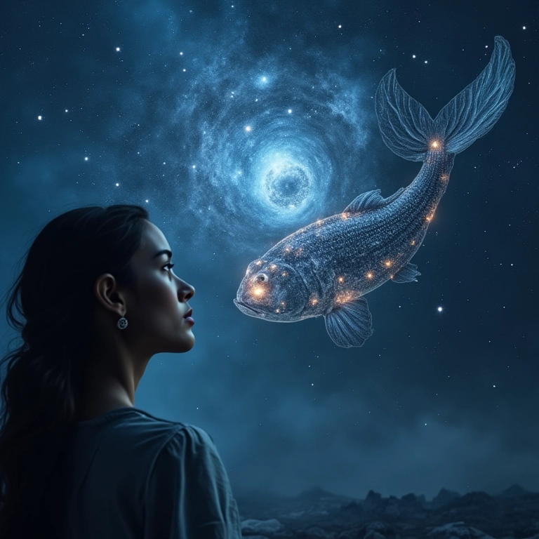 Mulher sonhadora contemplando galáxia com símbolo de Peixes, representando intuição e sonhos.