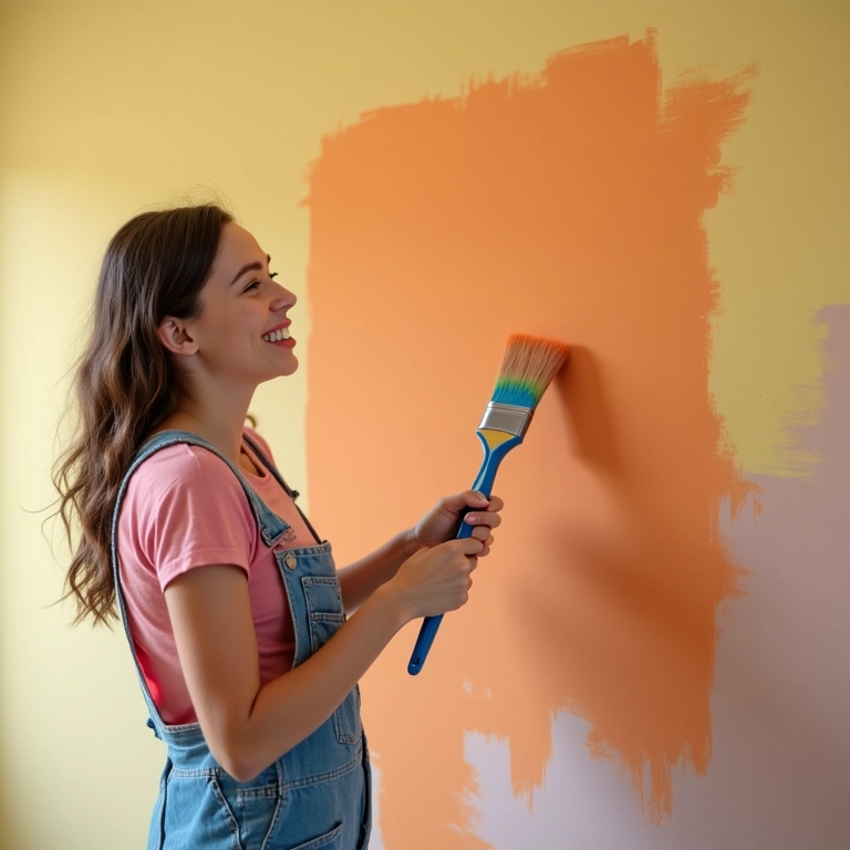 Mulher sorri perto de parede recém-pintada.