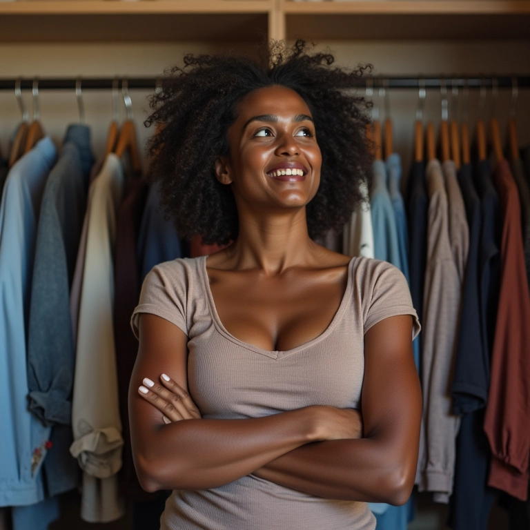 Mulher sorrindo aliviada enquanto organiza seu guarda-roupa.