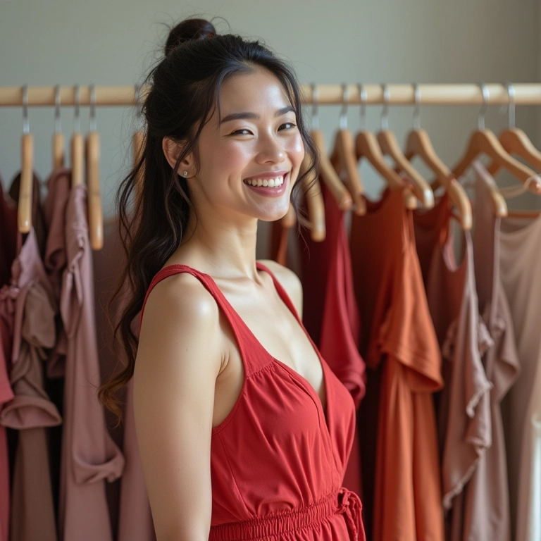 Mulher sorrindo ao alugar um vestido estiloso em uma loja de aluguel.