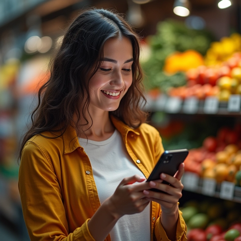 Mulher sorrindo ao verificar aplicativo de orçamento em mercado brasileiro.