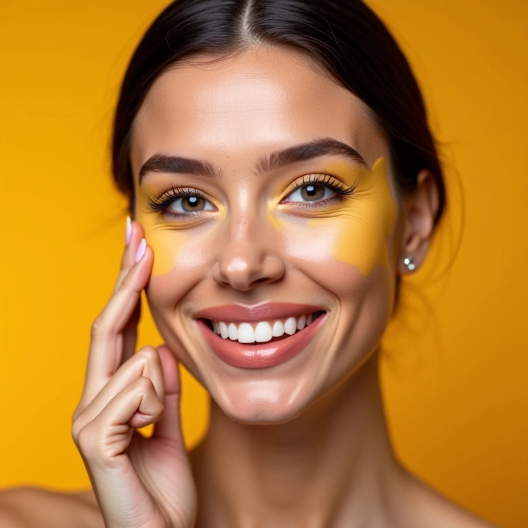 Mulher sorrindo aplicando corretivo amarelo para iluminar e camuflar olheiras.