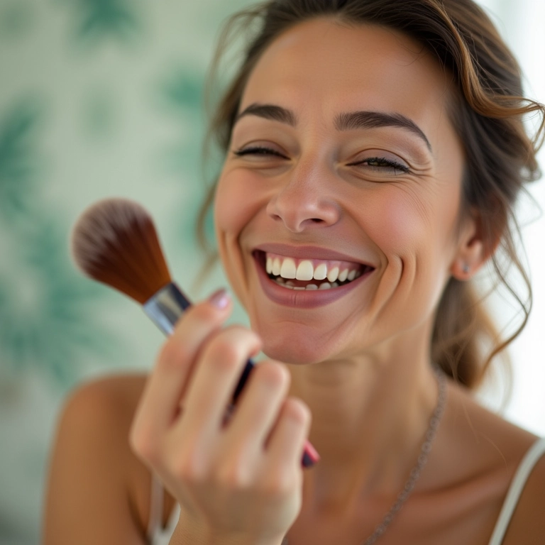 Mulher sorrindo aplicando maquiagem para o Dia das Mães, com foco em um visual natural e radiante.