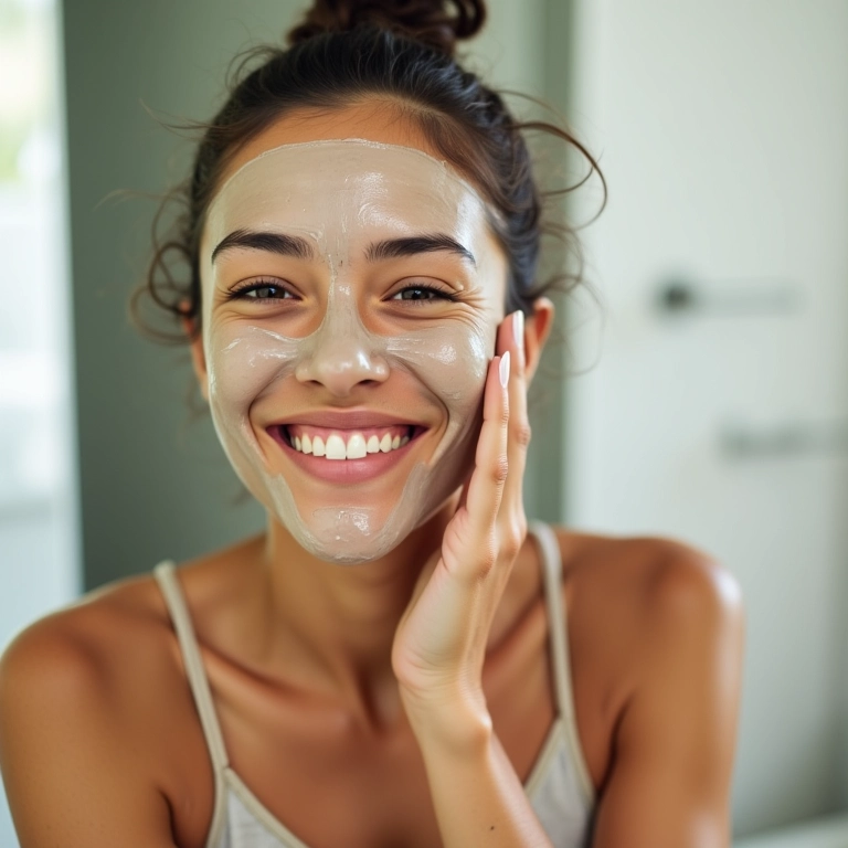 Mulher sorrindo aplicando máscara facial caseira.