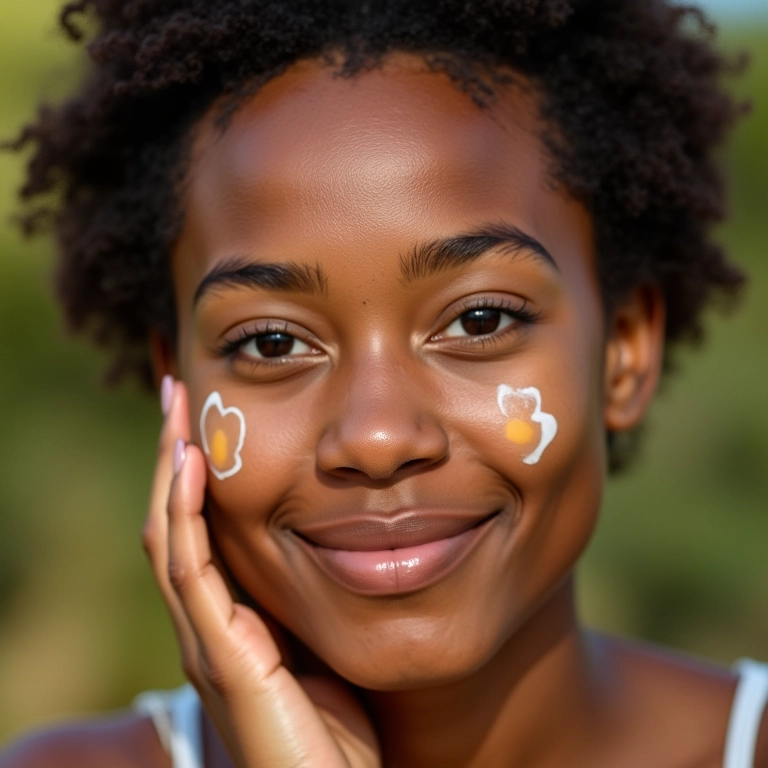 Mulher sorrindo aplicando protetor solar toque seco no rosto.