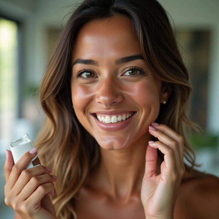 Mulher sorrindo aplicando shampoo a seco no cabelo oleoso.