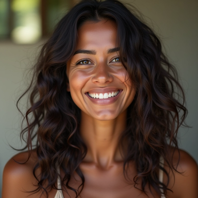 Mulher sorrindo após acidificar o cabelo quimicamente tratado.