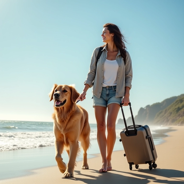 Mulher sorrindo caminha na praia com seu golden retriever e malas, representando viagens com animais de estimação.