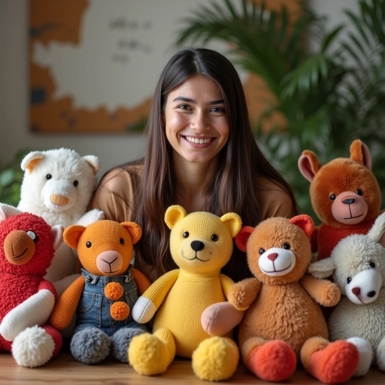 Mulher sorrindo cercada por amigurumis coloridos em sala vibrante.