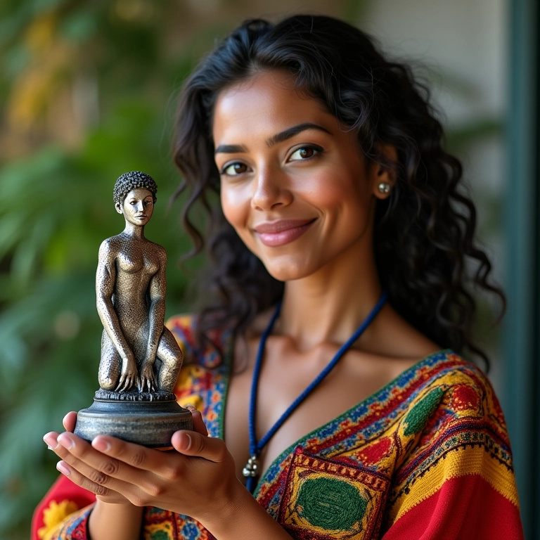 Mulher sorrindo com artesanato em metal, presente significativo.