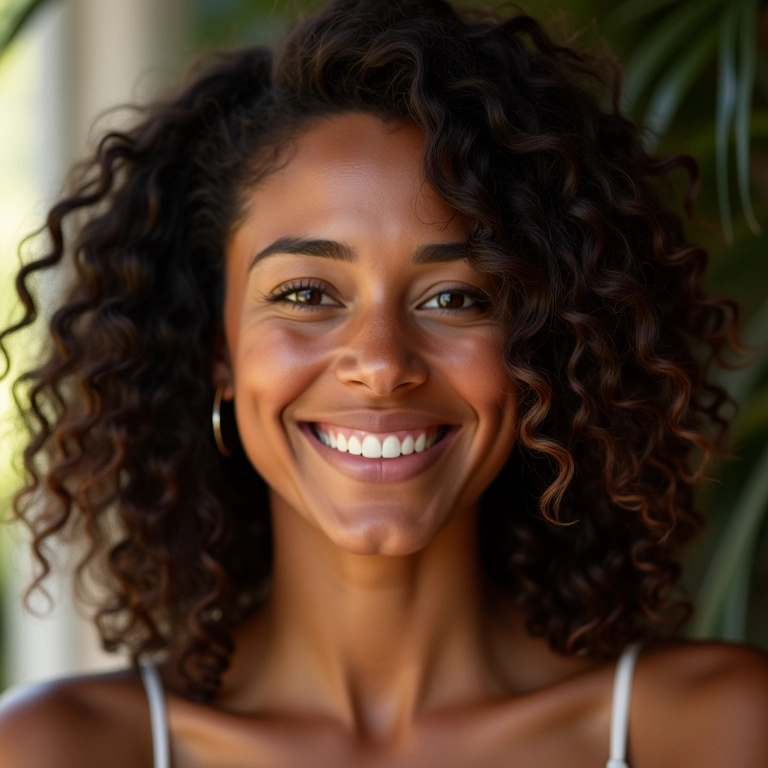 Mulher sorrindo com cabelo 2B naturalmente definido e saudável.