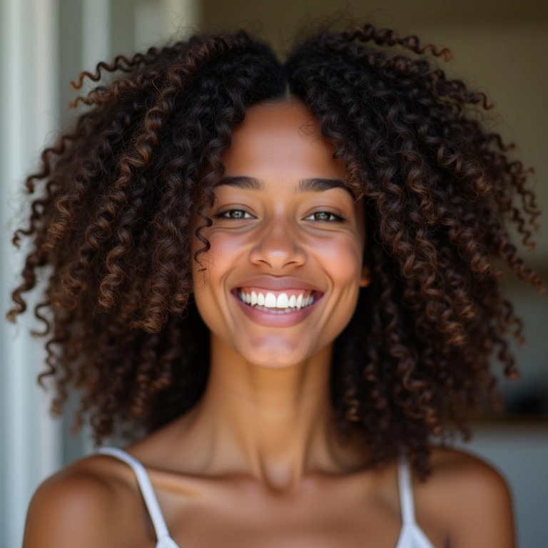 Mulher sorrindo com cabelo cacheado 3A definido e saudável.