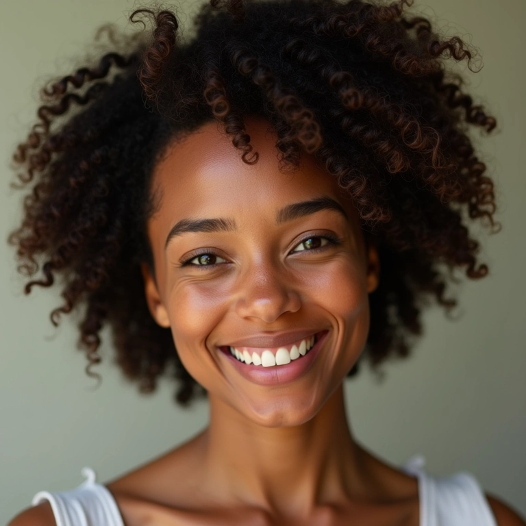 Mulher sorrindo com cabelo cacheado curto após o Big Chop.