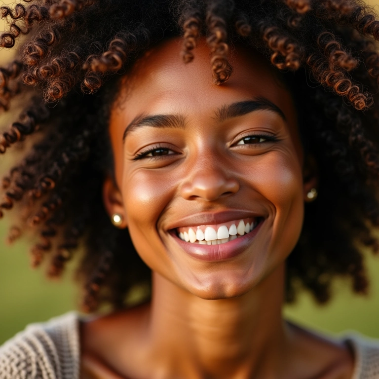 Mulher sorrindo com cabelo cacheado tipo 3c exuberante e bem definido.