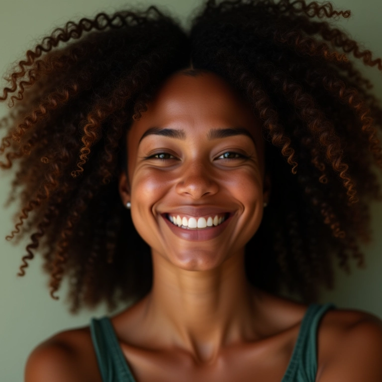 Mulher sorrindo com cabelo cacheado volumoso, estilo brasileiro vibrante.
