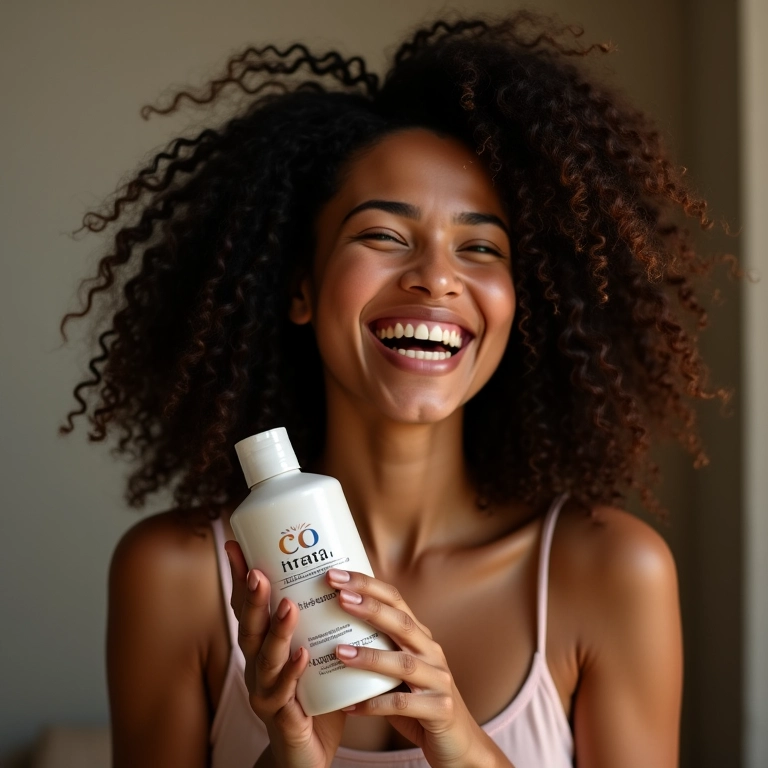 Mulher sorrindo com cabelo cacheado volumoso, segurando frasco de cowash.