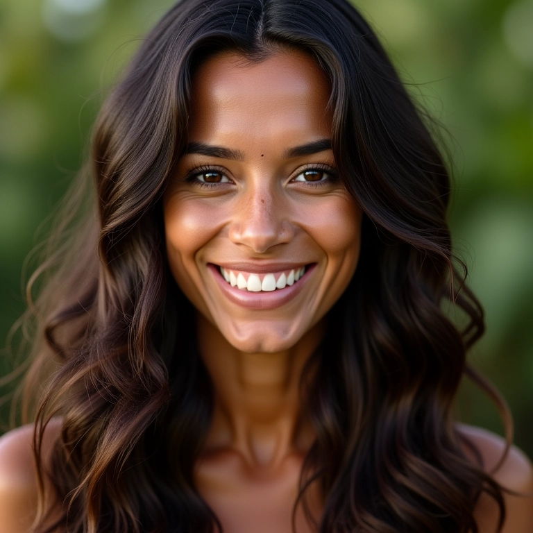 Mulher sorrindo com cabelo fino e volumoso