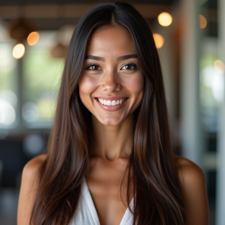 Mulher sorrindo com cabelo liso e brilhante após progressiva sem formol em salão de beleza.