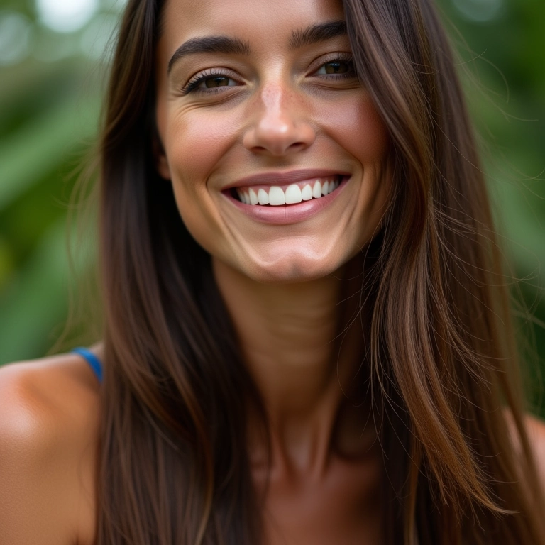 Mulher sorrindo com cabelo liso e movimento natural.