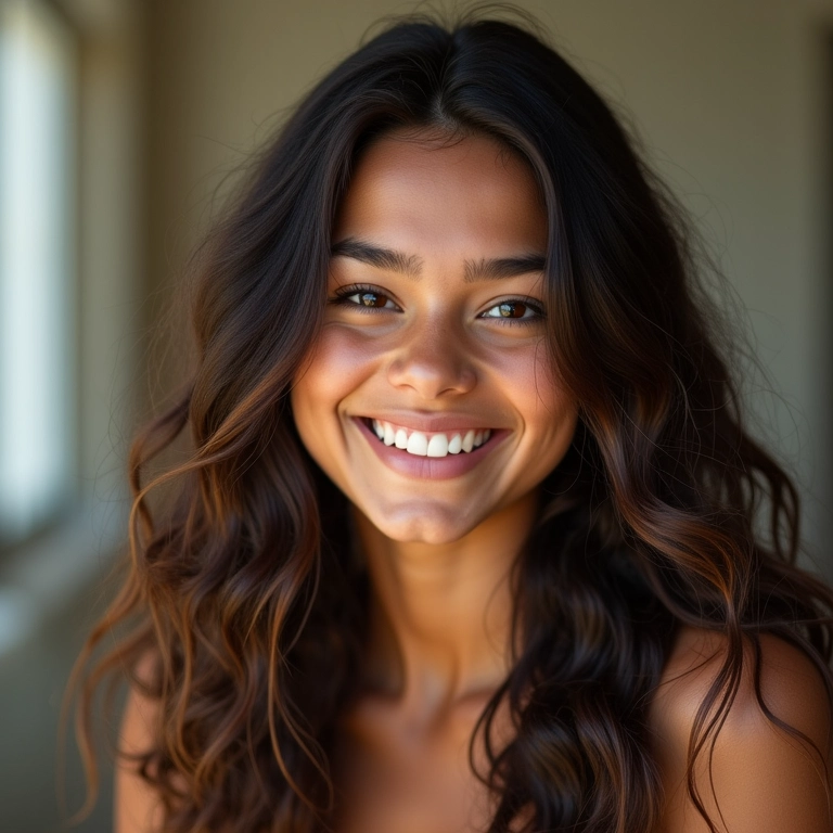 Mulher sorrindo com cabelo longo e ondulado mostrando penteados fáceis.