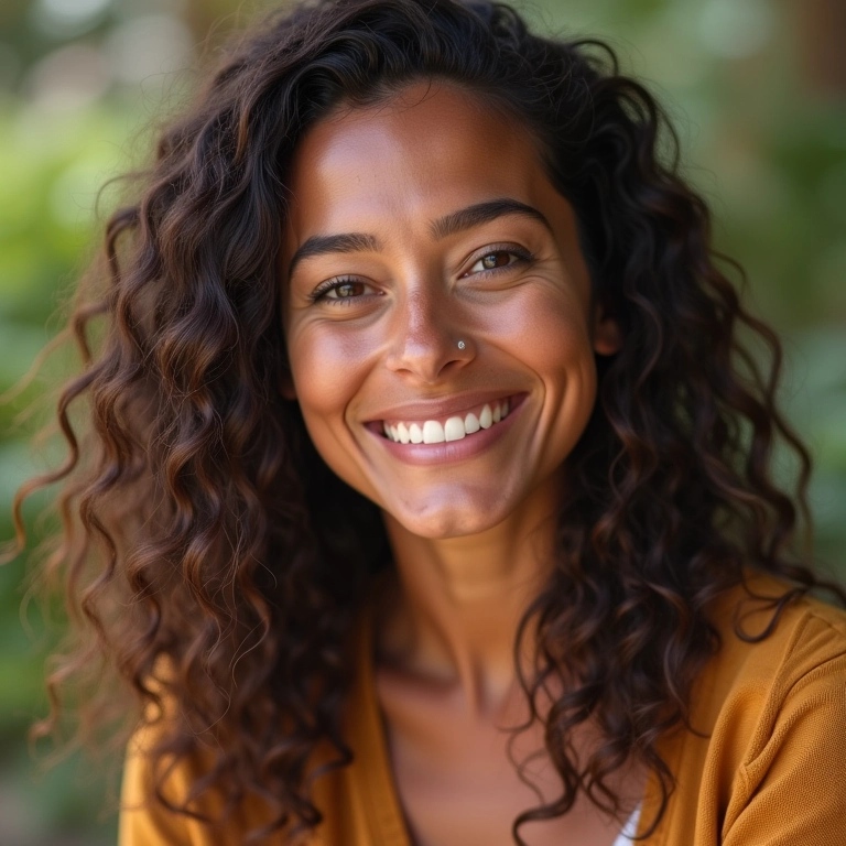 Mulher sorrindo com cabelo ondulado 2A perfeitamente finalizado.