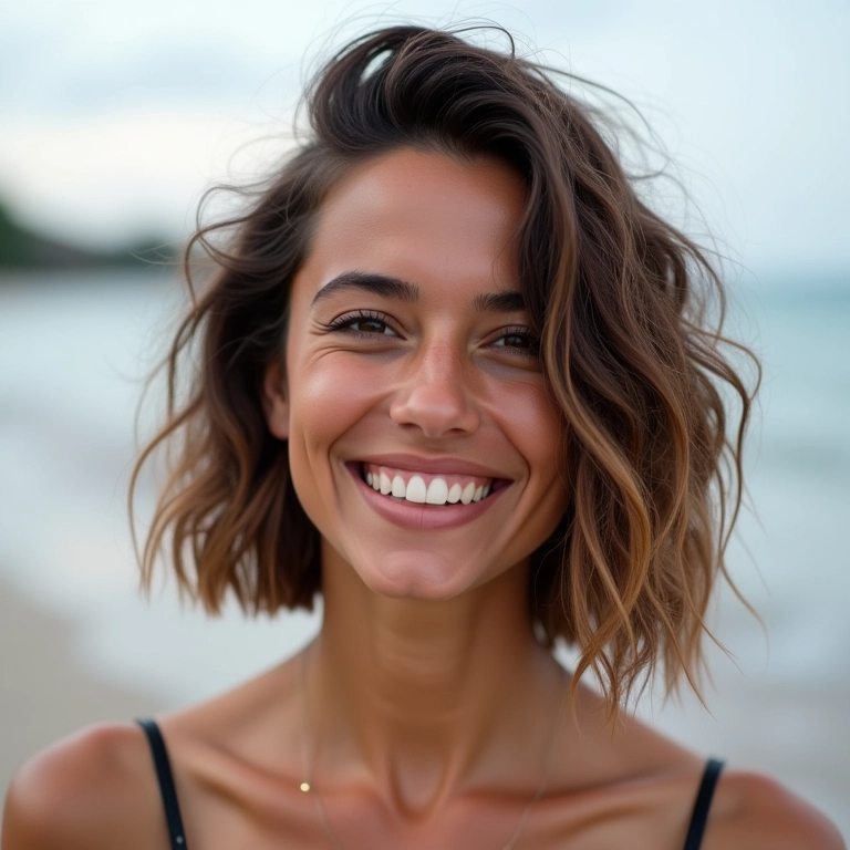 Mulher sorrindo com cabelo ondulado e blunt cut estiloso.