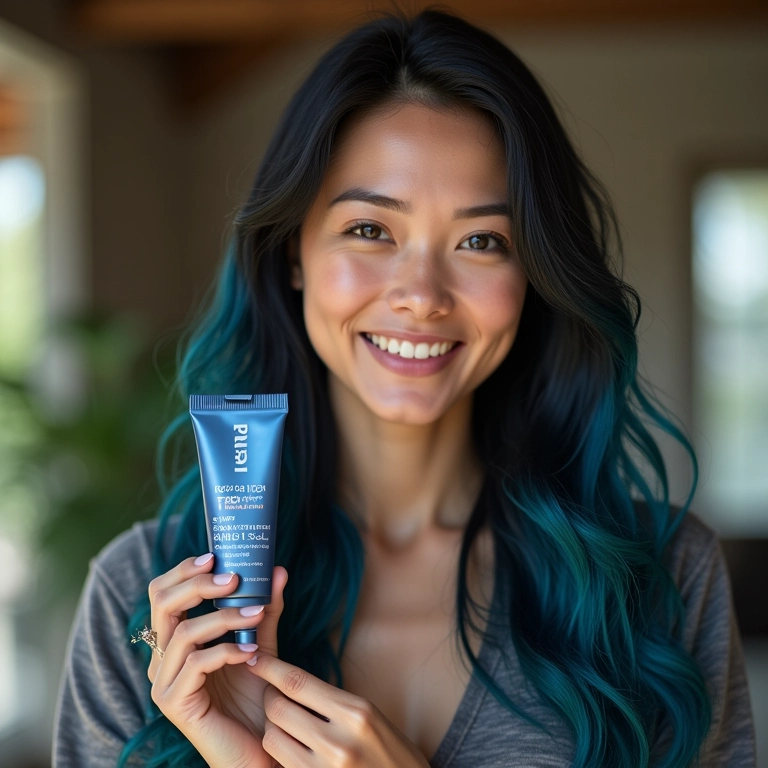 Mulher sorrindo com cabelo preto azulado e tintura Igora Royal.