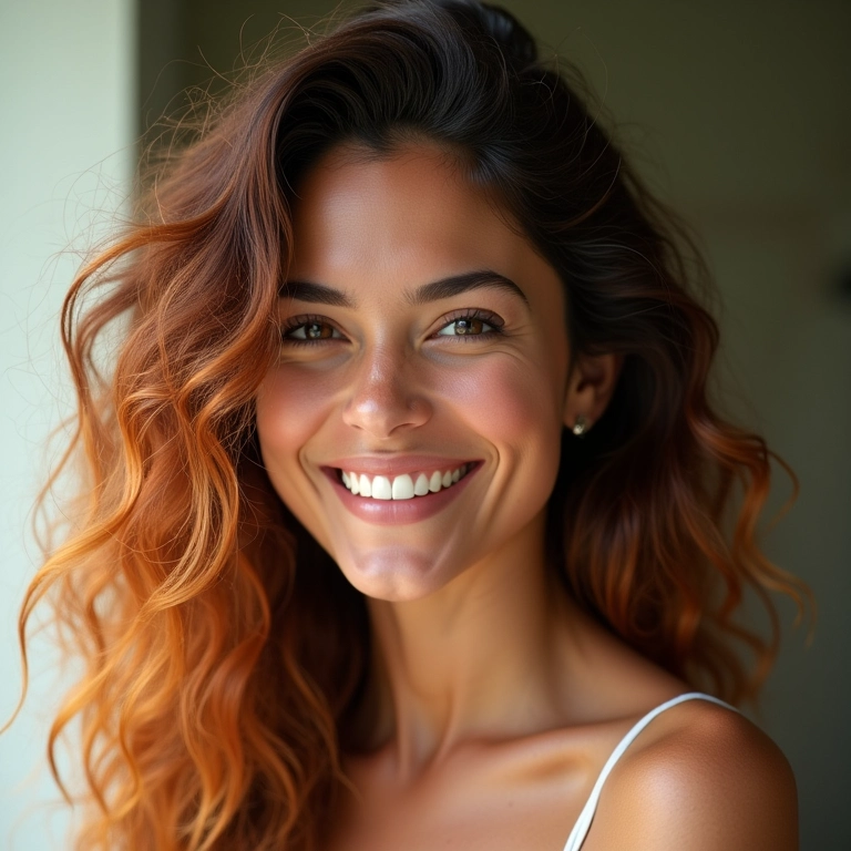 Mulher sorrindo com cabelo saudável e brilhante após reconstrução capilar.