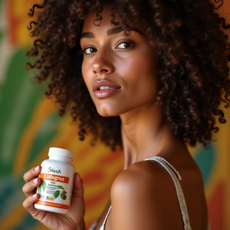 Mulher sorrindo com cabelo saudável e suplemento de colágeno nas mãos.