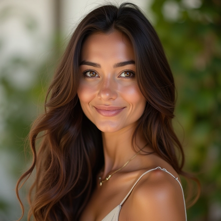 Mulher sorrindo com cabelos brilhantes e saudáveis após tratamento de botox capilar.