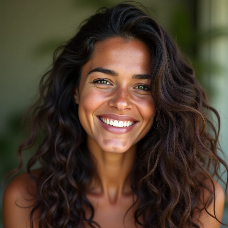 Mulher sorrindo com cabelos finos e volumosos.