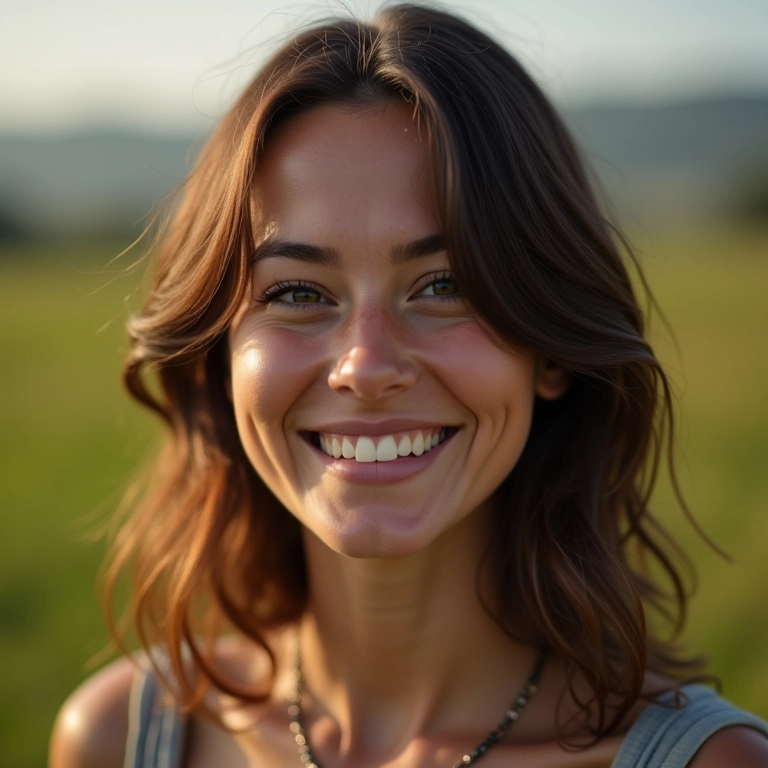 Mulher sorrindo com corte de cabelo em camadas.