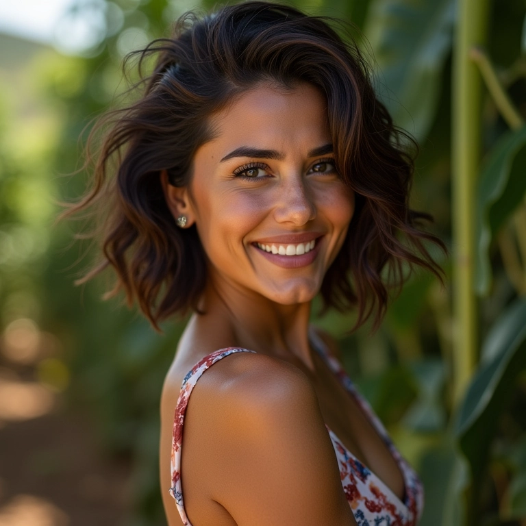 Mulher sorrindo com corte de cabelo que afina o rosto.