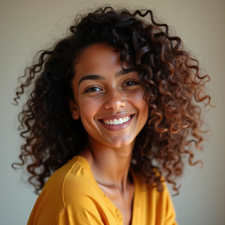Mulher sorrindo com corte em camadas que valoriza seus cachos tipo 3c.