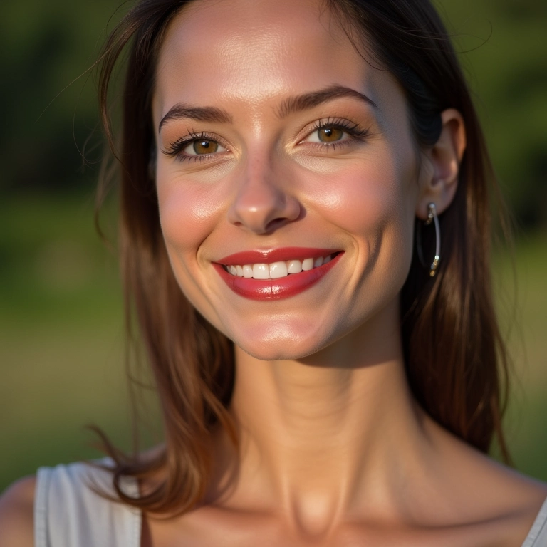 Mulher sorrindo com gloss nos lábios após horas, mostrando a durabilidade do produto.