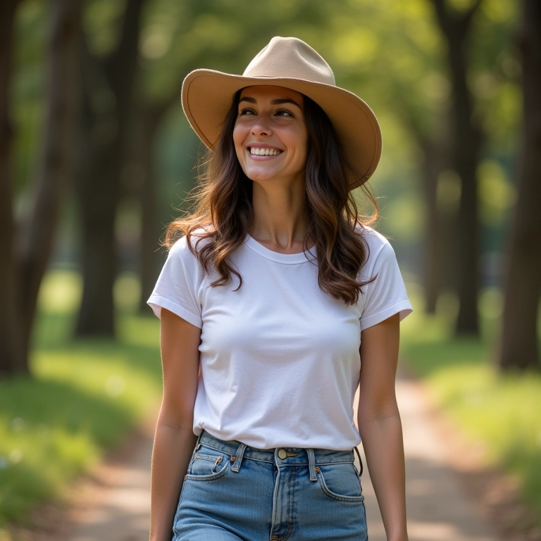 Mulher sorrindo com jeans, camiseta e chapéu pork pie em parque.