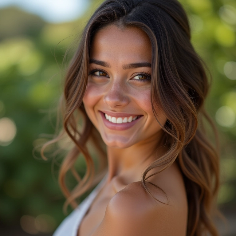 Mulher sorrindo com lábios volumosos após preenchimento.