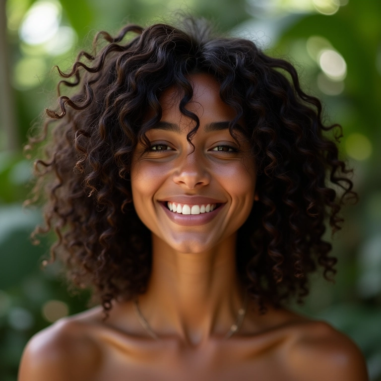 Mulher sorrindo com long bob cacheado e textura natural.