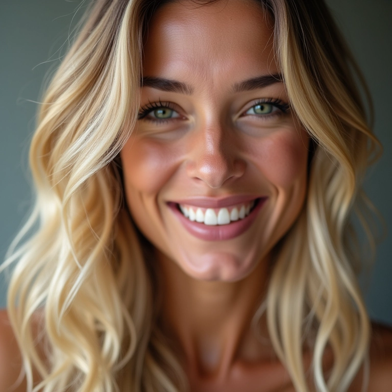 Mulher sorrindo com luzes no cabelo em tons de loiro, com iluminação natural.