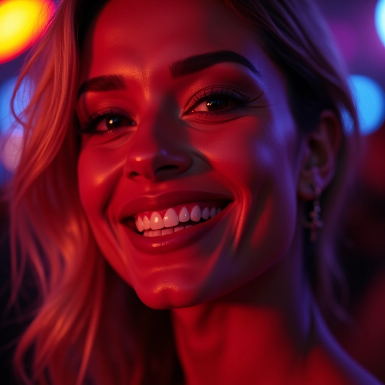 Mulher sorrindo com maquiagem à prova de suor e lágrimas para show.