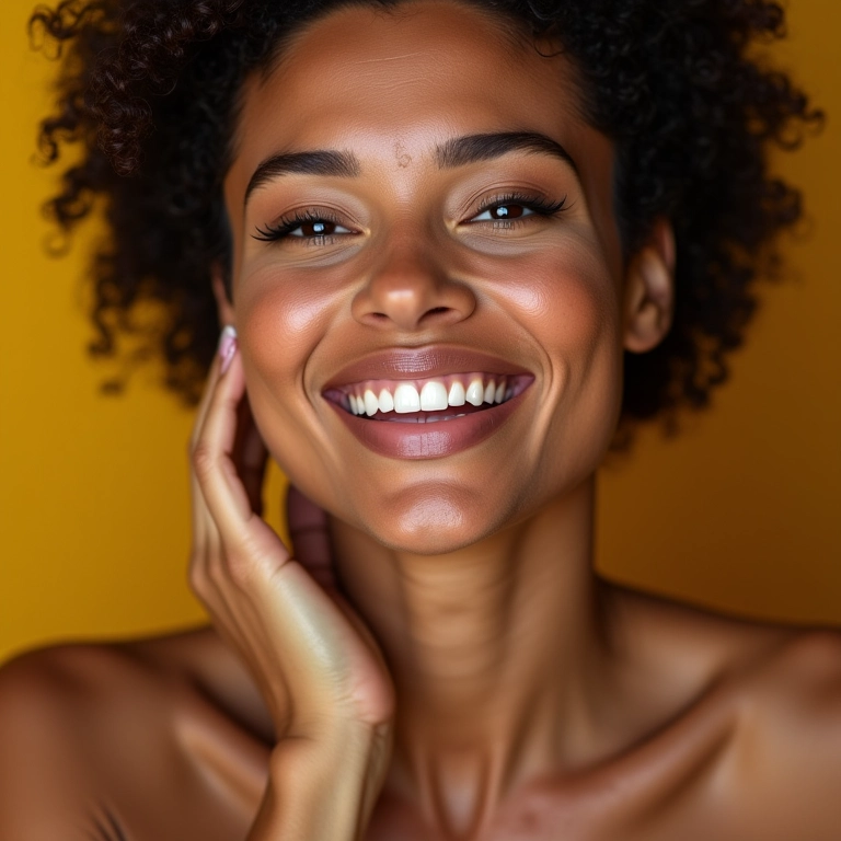 Mulher sorrindo com maquiagem impecável para ensaio fotográfico.