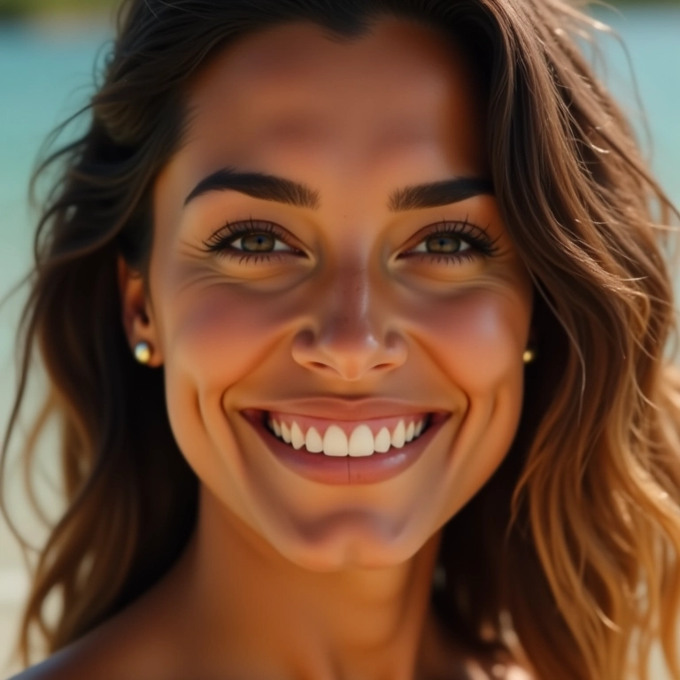 Mulher sorrindo com maquiagem perfeita em clima quente.