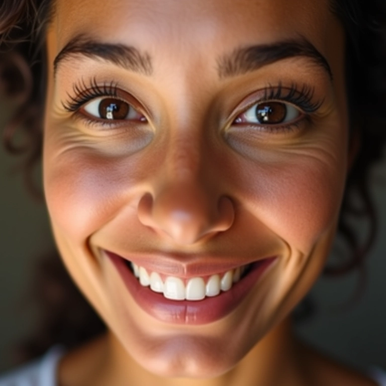Mulher sorrindo com pele radiante ao redor dos olhos, sem olheiras.