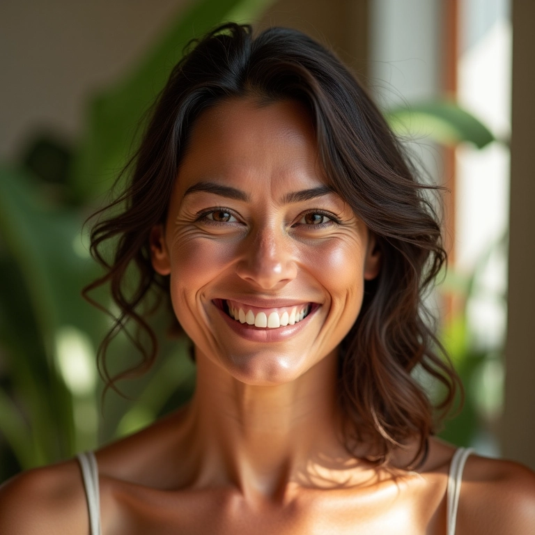 Mulher sorrindo com pele radiante e saudável.