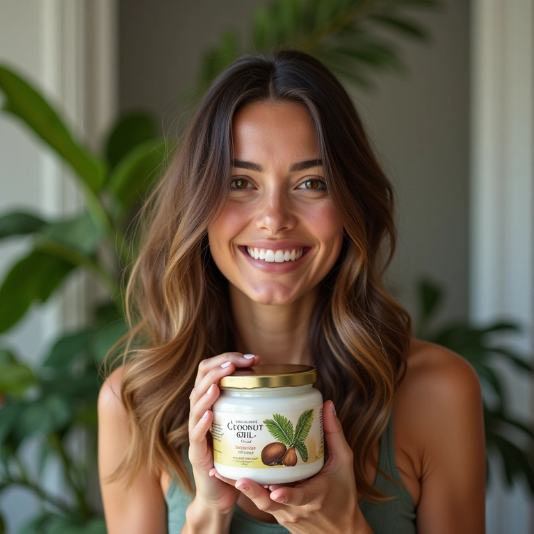 Mulher sorrindo com pote de óleo de coco.