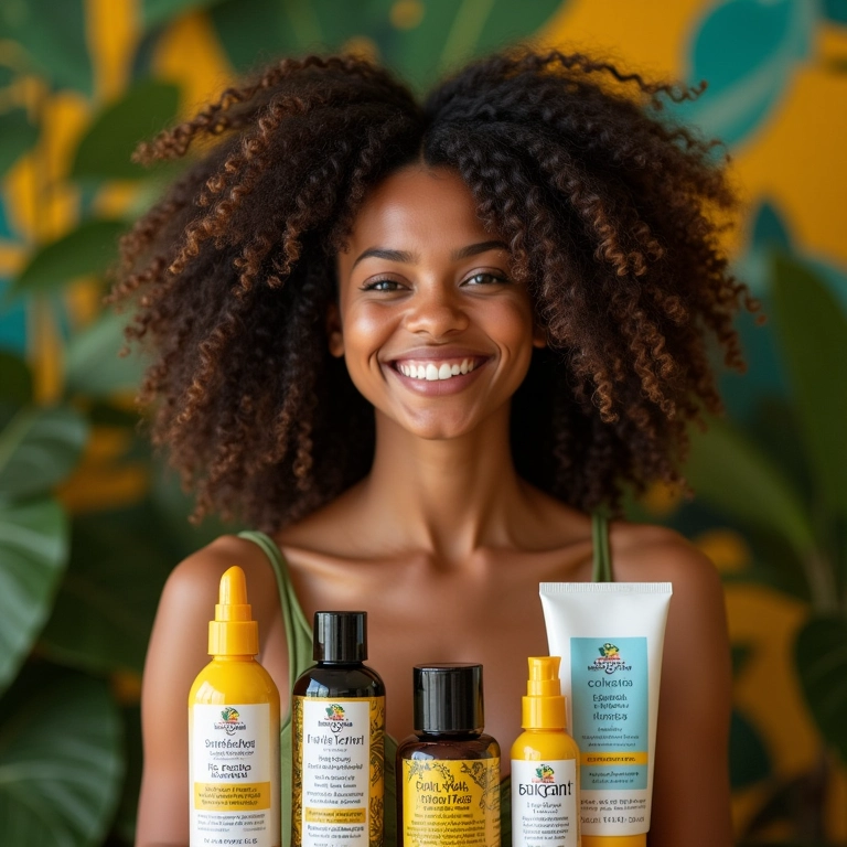 Mulher sorrindo com produtos para cronograma capilar, fundo colorido.