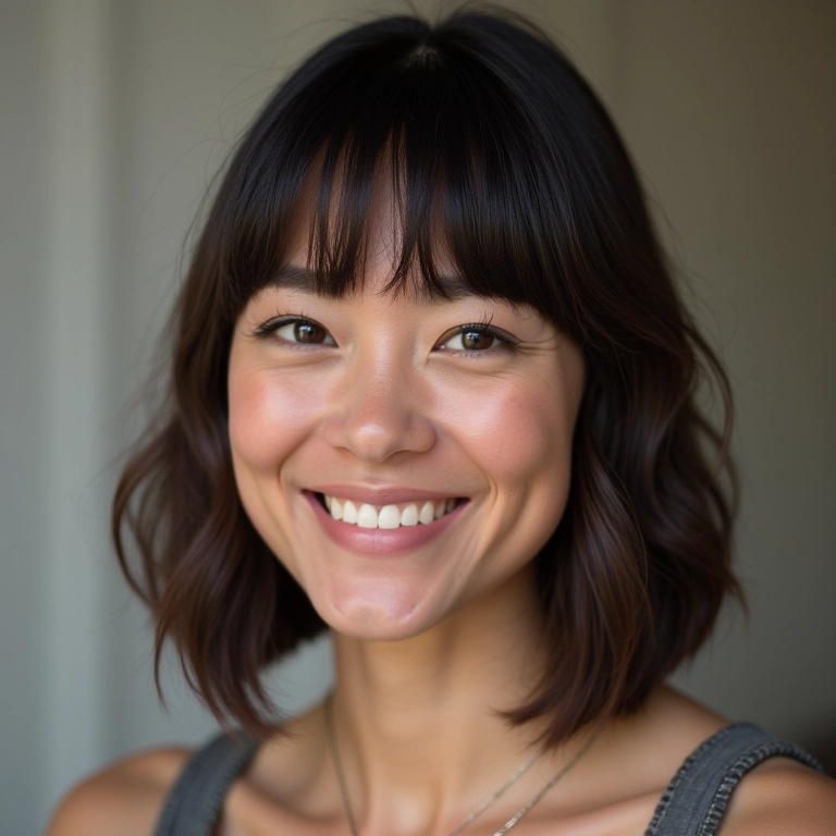 Mulher sorrindo com rosto redondo e blunt cut estiloso.