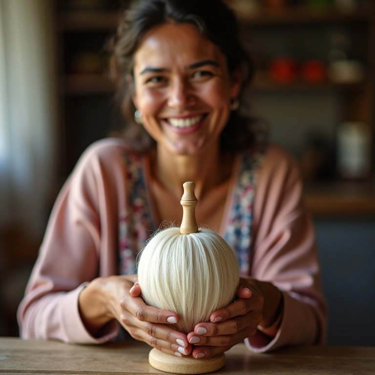Mulher sorrindo com seu fuso e novelo de lã.
