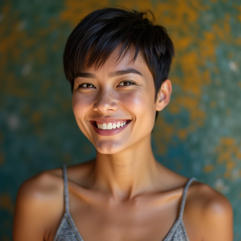 Mulher sorrindo com um corte pixie estiloso, irradiando confiança e modernidade.